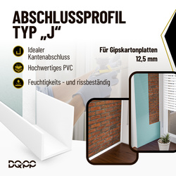 PVC-Profil Typ J PT5, Abschluss-Eckprofil für die Kante von Gipskartonplatten (GK), WEISS